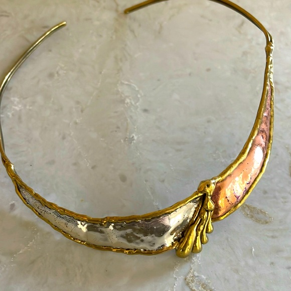 Jewelry - Vintage artisan handmade brutalist collar necklace in mixed metals